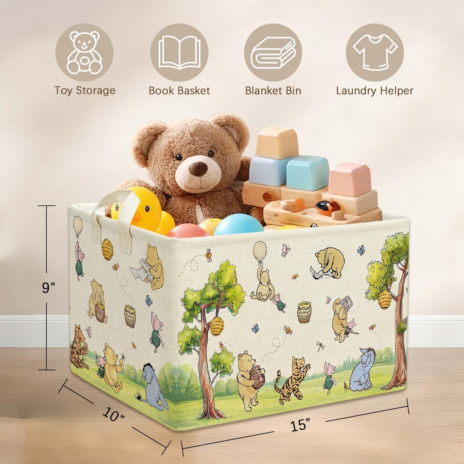 Rectangle Classic Winnie Bear Baby Basket for Nursery, Neutral Vintage Winnie Baby Stuff Gift Bags Waterproof Storage Basket Canvas Clothes Diaper Bag