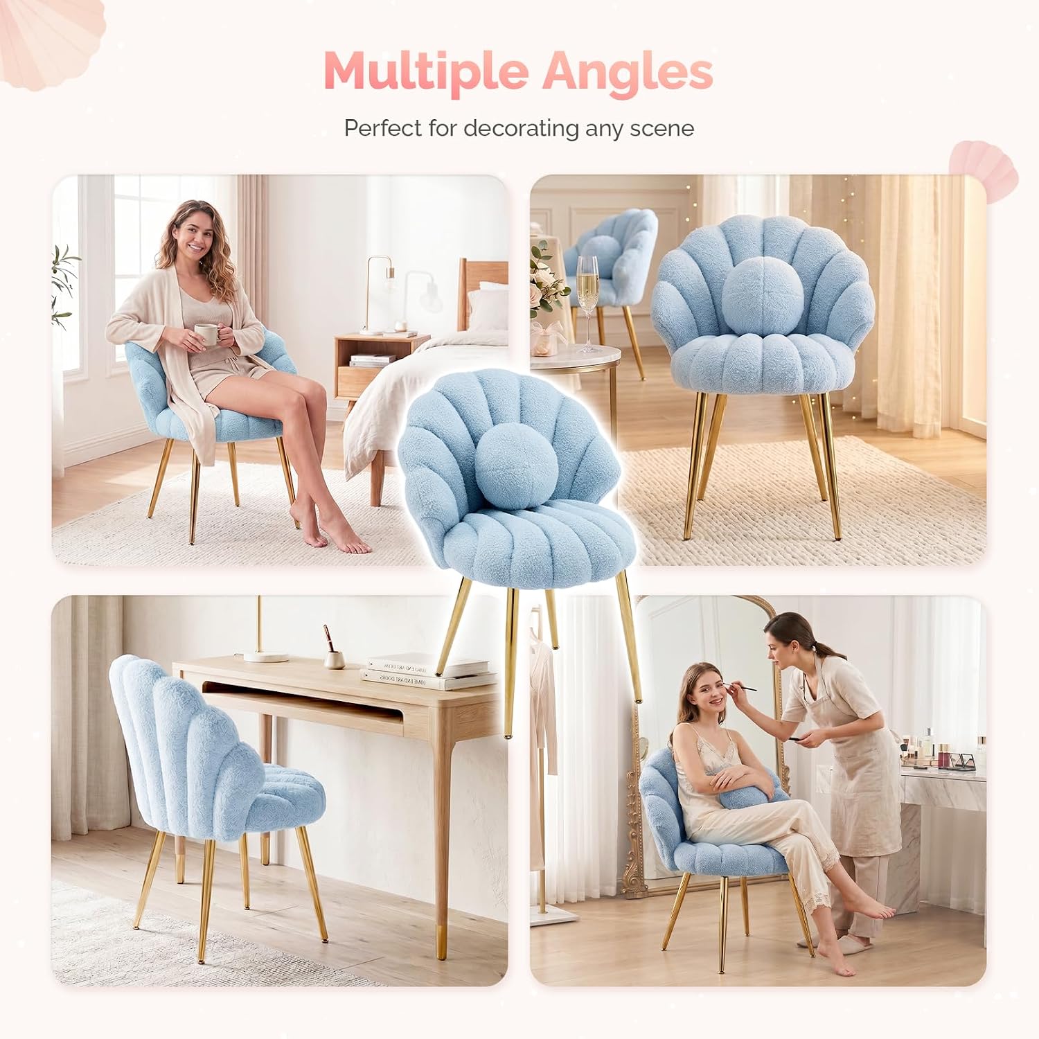 VINGLI Shell-Shaped Teddy Fleece Accent Vanity Chair with Back,Comfy Blue and Gold Desk Chair No Wheels,Cute Small Pearl Deco Pillow,Gift for Girls/Women,for Makeup,Office,Dining,Nail,Sewing,Bedroom