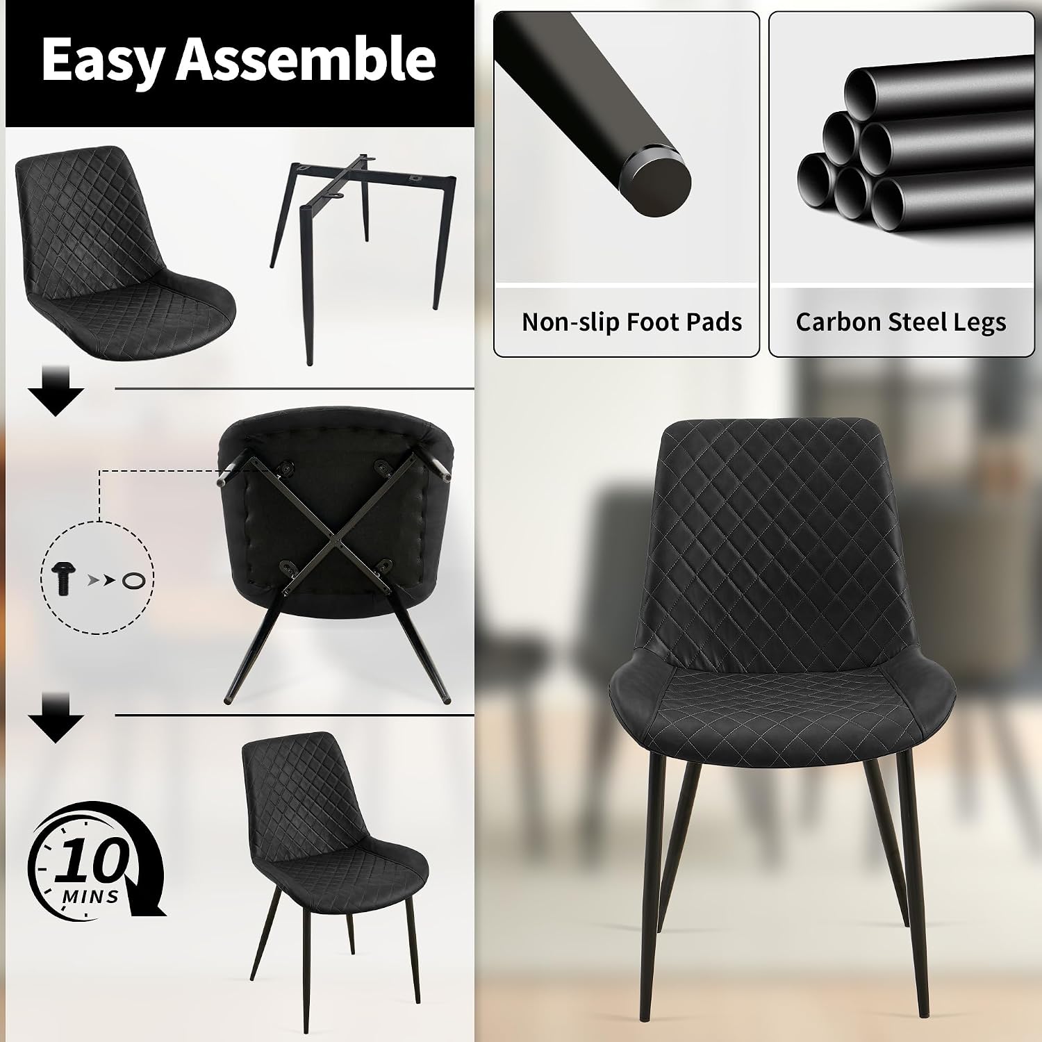 PU Leather Dining Chairs Set of 2, Modern Armless Dining Room Chairs, Comfy Upholstered Kitchen Chairs with Backrest, Black Metal Legs for Living Room, Dinning Room, Black