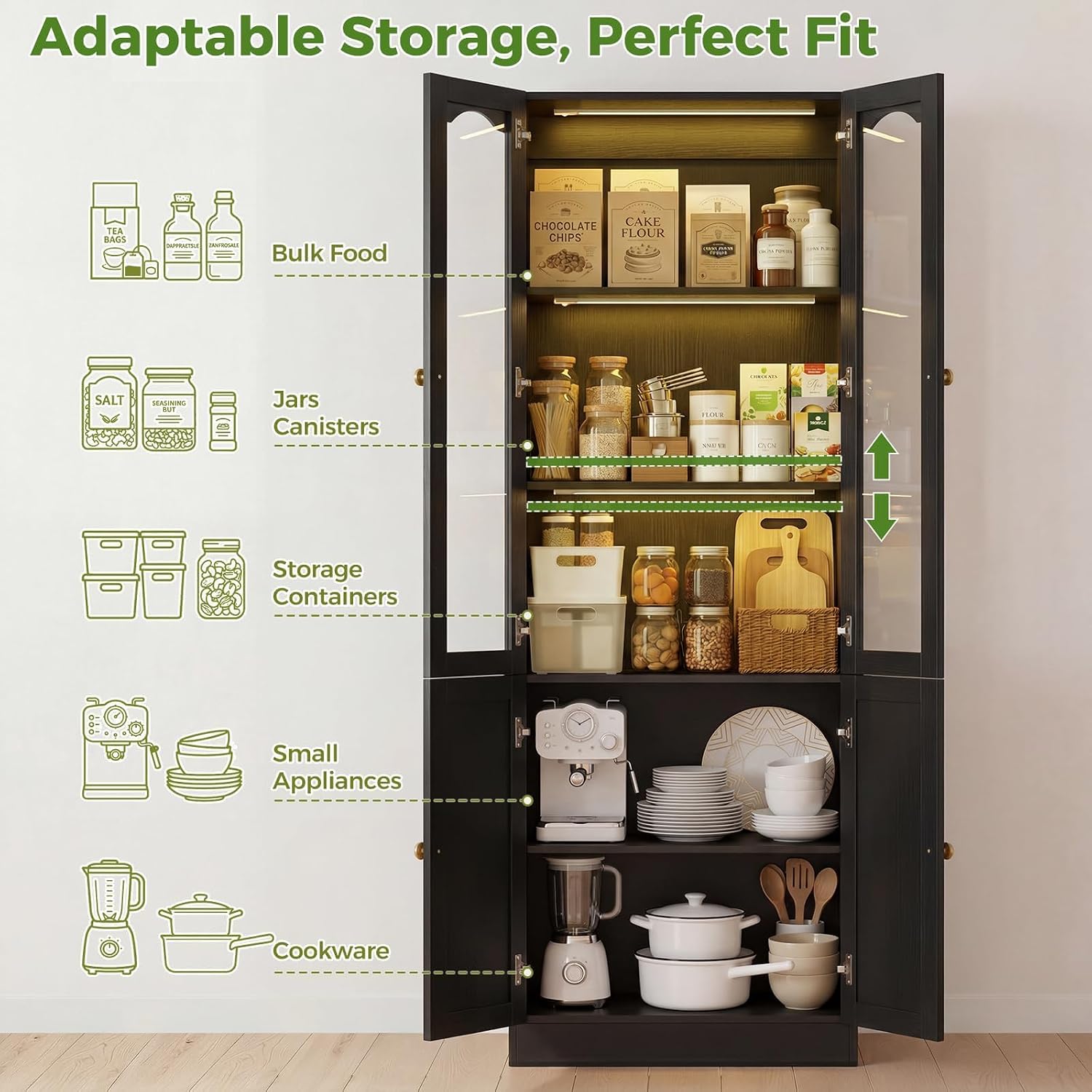 Cyclysio 80" Tall Pantry Cabinet with Arched Glass Doors and Lower Storage Cabinet, 2 Set Black Kitchen Pantry Storage Cabinet with Interior Motion Sensor Light, Adjustable Shelf, Baseboard Cutout