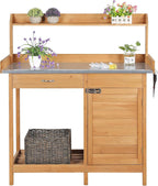 costoffs Potting Bench Wood Garden Potting Table with Cabinet and and Drawers Outdoor Metal Surface Work Bench for Greenhouse with Hooks and Shelf Wood