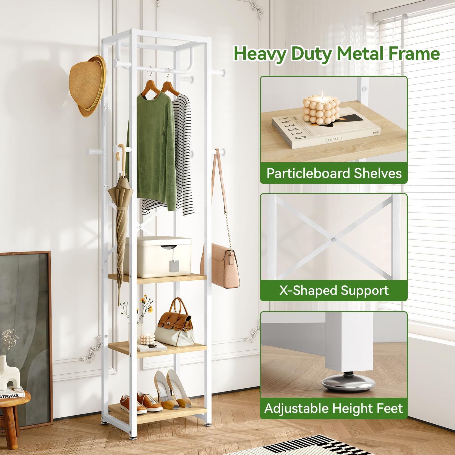 IBUYKE Coat Rack with Shelves, Freestanding Hall Tree with 3 Shelves and 8 Hooks, Industrial Clothes Stand for Entryway, Hallway, Bedroom, Natural UTMJ088R