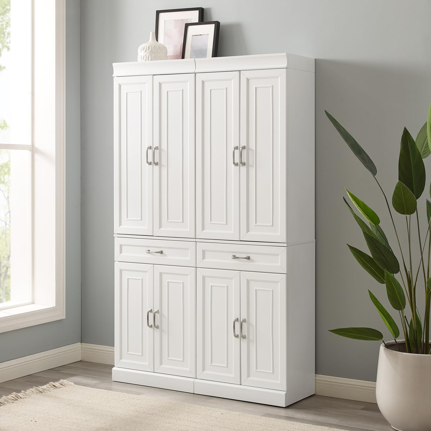 HomeStock Pantry Cabinets - 2 Piece Kitchen Storage Organizer - White Finish