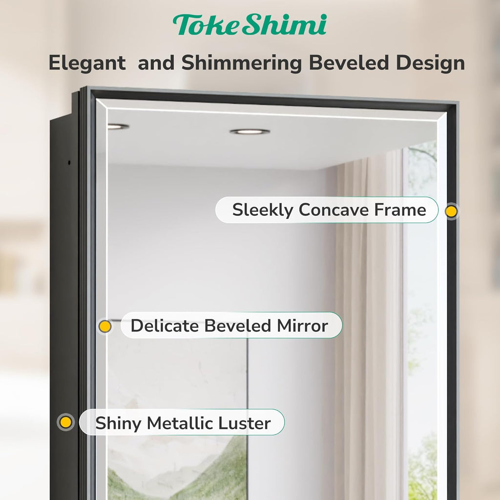 TokeShimi 16x24 Recessed Medicine Cabinet with Mirror Surface Mounted, Metal Beveled Mirror with Storage for Bathroom Vanity, Aluminum Black Medicine Cabinet Mirrored