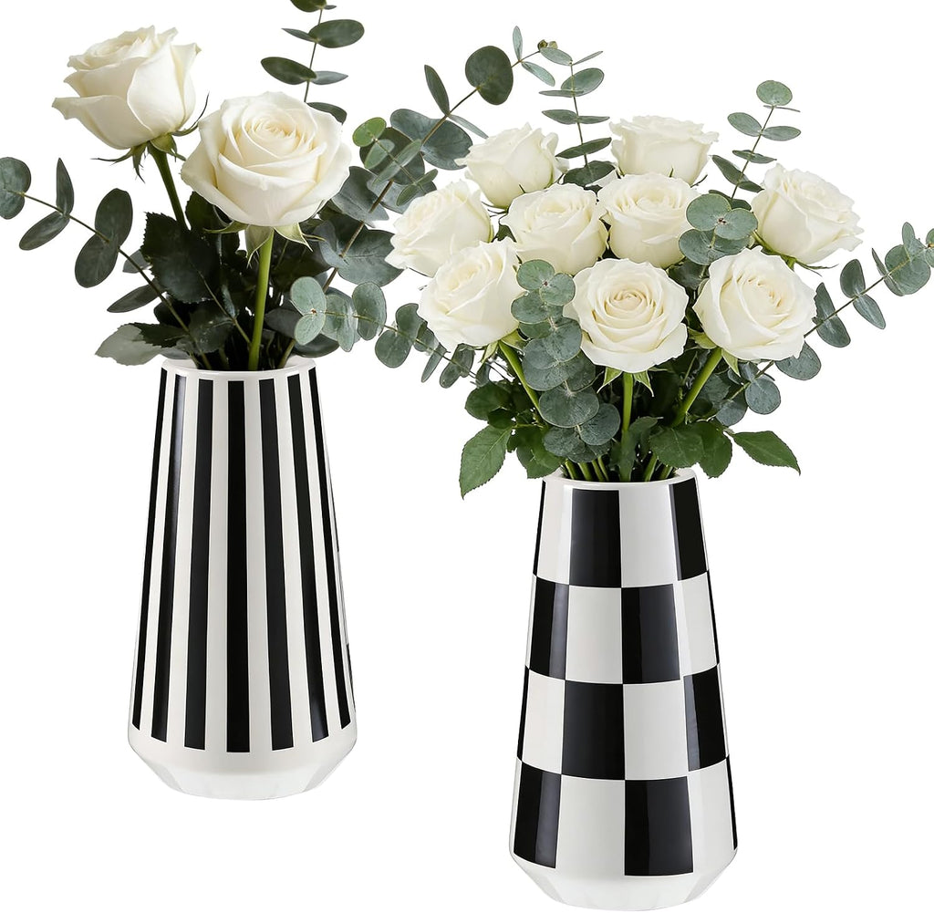 2 Pcs Black and White Ceramic Vase, Mid Century Modern Striped & Checkered Vases for Flower & Pampas Grass Centerpiece, Minimalist Decorative Vase for Dining Table Kitchen Tabletop