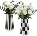 2 Pcs Black and White Ceramic Vase, Mid Century Modern Striped & Checkered Vases for Flower & Pampas Grass Centerpiece, Minimalist Decorative Vase for Dining Table Kitchen Tabletop