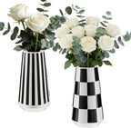 2 Pcs Black and White Ceramic Vase, Mid Century Modern Striped & Checkered Vases for Flower & Pampas Grass Centerpiece, Minimalist Decorative Vase for Dining Table Kitchen Tabletop