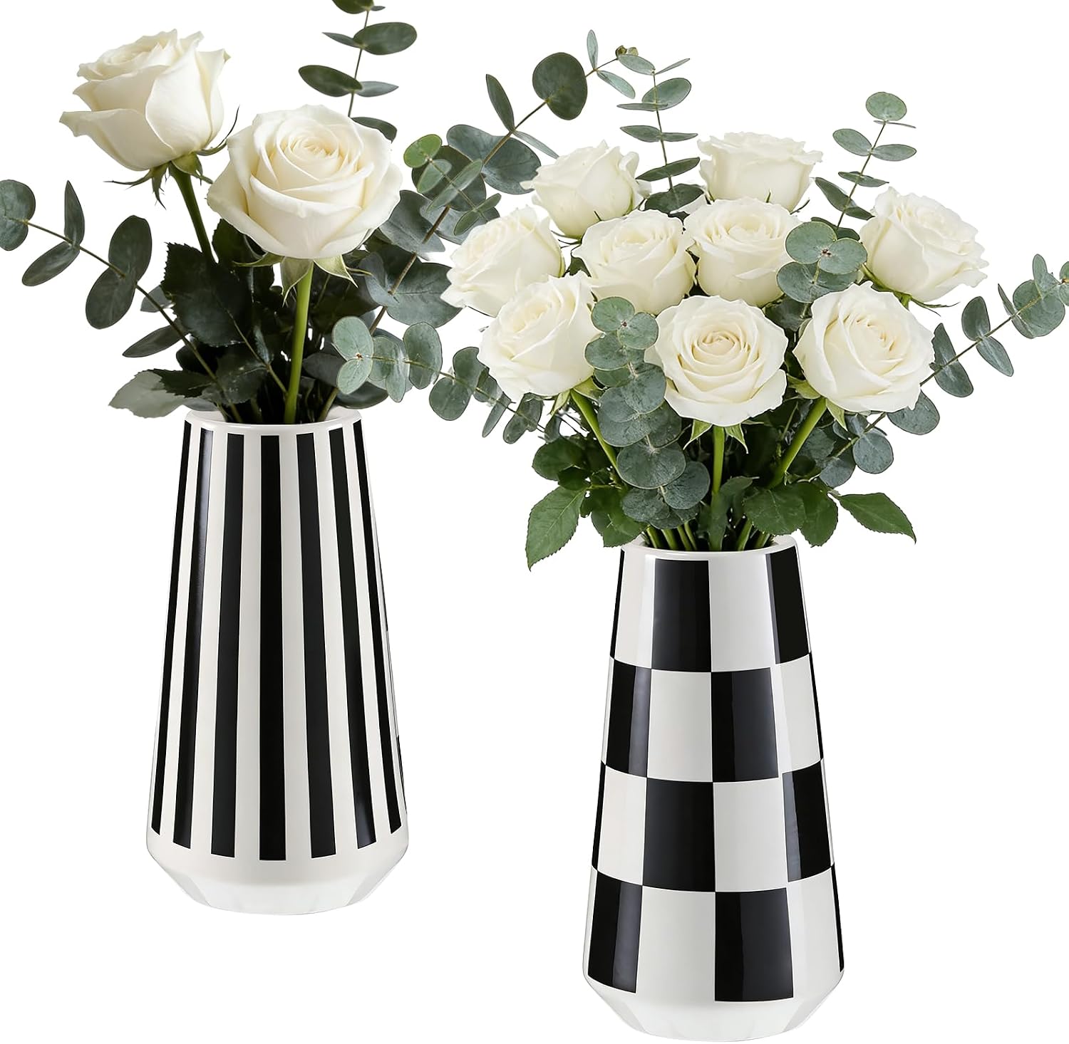 2 Pcs Black and White Ceramic Vase, Mid Century Modern Striped & Checkered Vases for Flower & Pampas Grass Centerpiece, Minimalist Decorative Vase for Dining Table Kitchen Tabletop