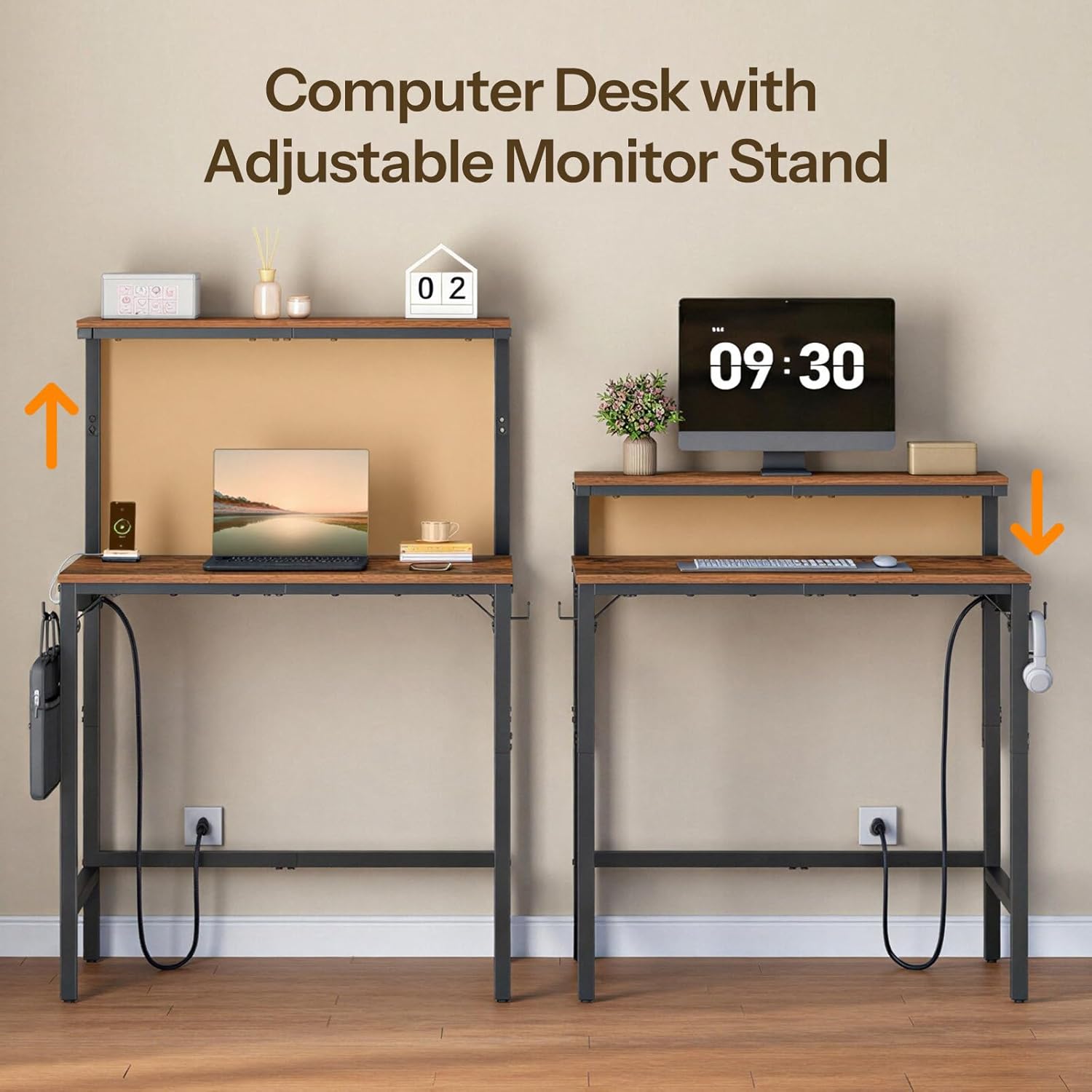 HOOBRO Small Computer Desk, 28.3" Desk for Small Spaces, Office Desk with Power Outlet & Adjustable Monitor Stand, Compact Desk with Storage, Writing Table for Bedroom, Office, Rustic Brown BF38UDN01