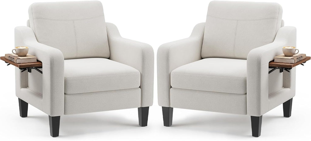 Accent Chairs Set of 2 for Living Room, Mid-Century Upholstered Armchair with Foldable Table & 2 Side Pockets, Modern Linen Wooden Sofa Chair for Bedroom & Reading Room, Beige