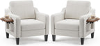 Accent Chairs Set of 2 for Living Room, Mid-Century Upholstered Armchair with Foldable Table & 2 Side Pockets, Modern Linen Wooden Sofa Chair for Bedroom & Reading Room, Beige