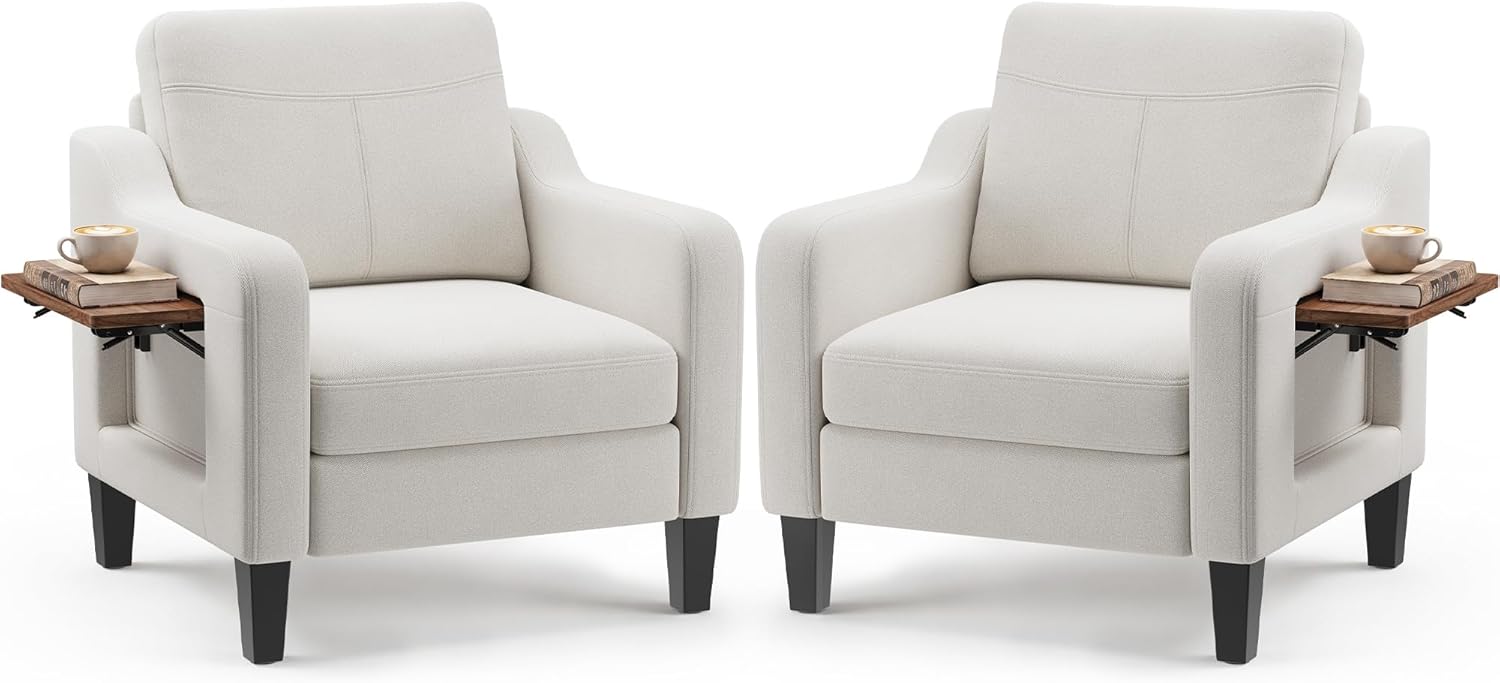Accent Chairs Set of 2 for Living Room, Mid-Century Upholstered Armchair with Foldable Table & 2 Side Pockets, Modern Linen Wooden Sofa Chair for Bedroom & Reading Room, Beige