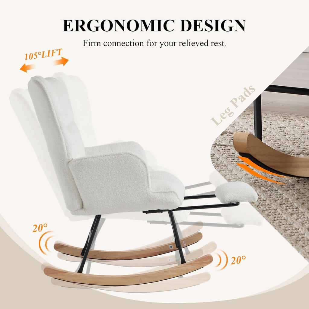 Nursery Rocking Chair with Footrest, Teddy Upholstered Glider Rocker with Side Pocket, Leisure Rocker Chair with High Back, Recliner Rocking Chair, Accent Reading Chair for Bedroom (White)