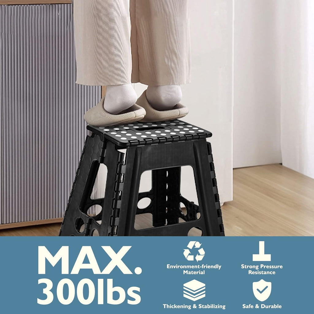 SUGARLEE 18 inch Folding Step Stool Heavy Duty Plastic Foldable Step Stool-Lightweight Foot Stool with Portable Handle, Compact Plastic Foldable Step Stool for Bathroom,Bedroom, Kitchen（Black