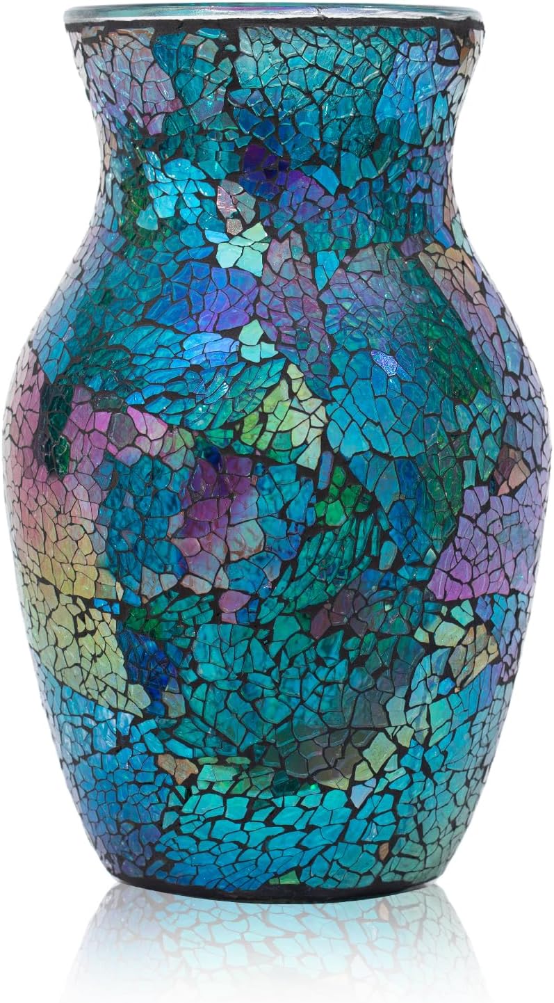 Mosaic Glass Vase, 8" H, Beautiful Mosaic Colorful Blue Vase for Living Room Bedroom Bouquets, Handmade, Home Decor, Colorful Blue
