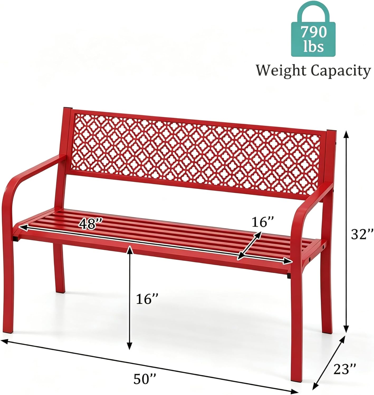 IDEALHOUSE Outdoor Metal Garden Bench 2 Person, 790 Lbs Heavy Duty Steel Patio Bench with Geometric Backrest, Weather Resistant Red Outdoor Seating for Porch, Yard, Deck, Entryway