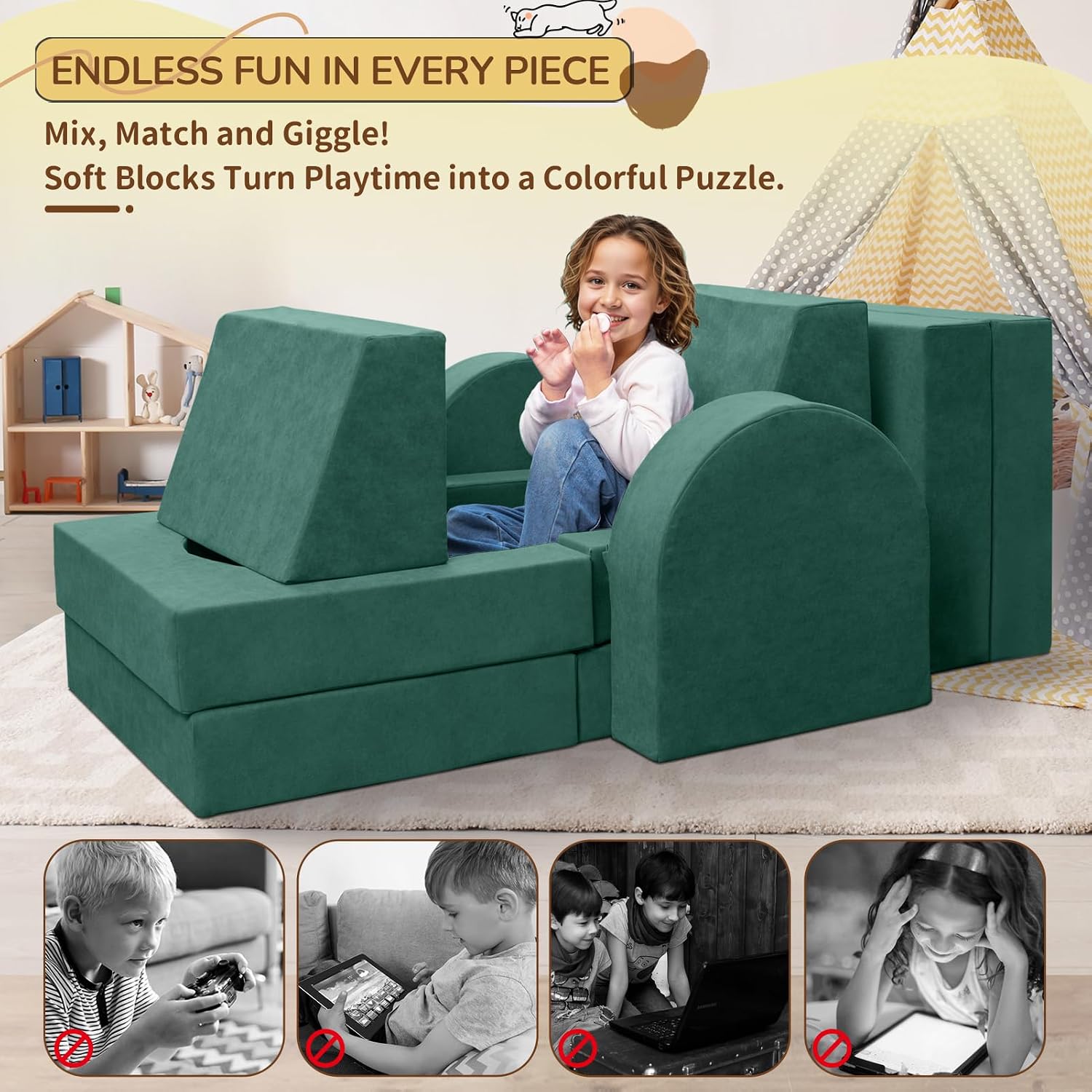 Fvkind 10 Pcs Modular Kids Play Couch for Playroom, Multifunctional Foam Kids Couch, Convertible Sectional Toddler Sofa for Boys and Girls, Toddler Sofa with Premium Foam and Washable Cover, Willow