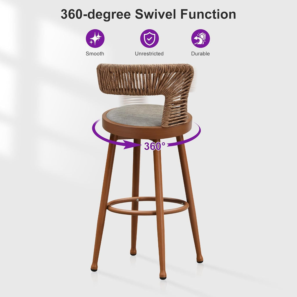 PURPLE LEAF Outdoor Swivel Counter Height Stools Set of 4 Metal Modern Rattan Bar Chairs with Backrest Aluminum Woven Barstools with Cushions for Kitchen Balcony Garden Indoor Teak