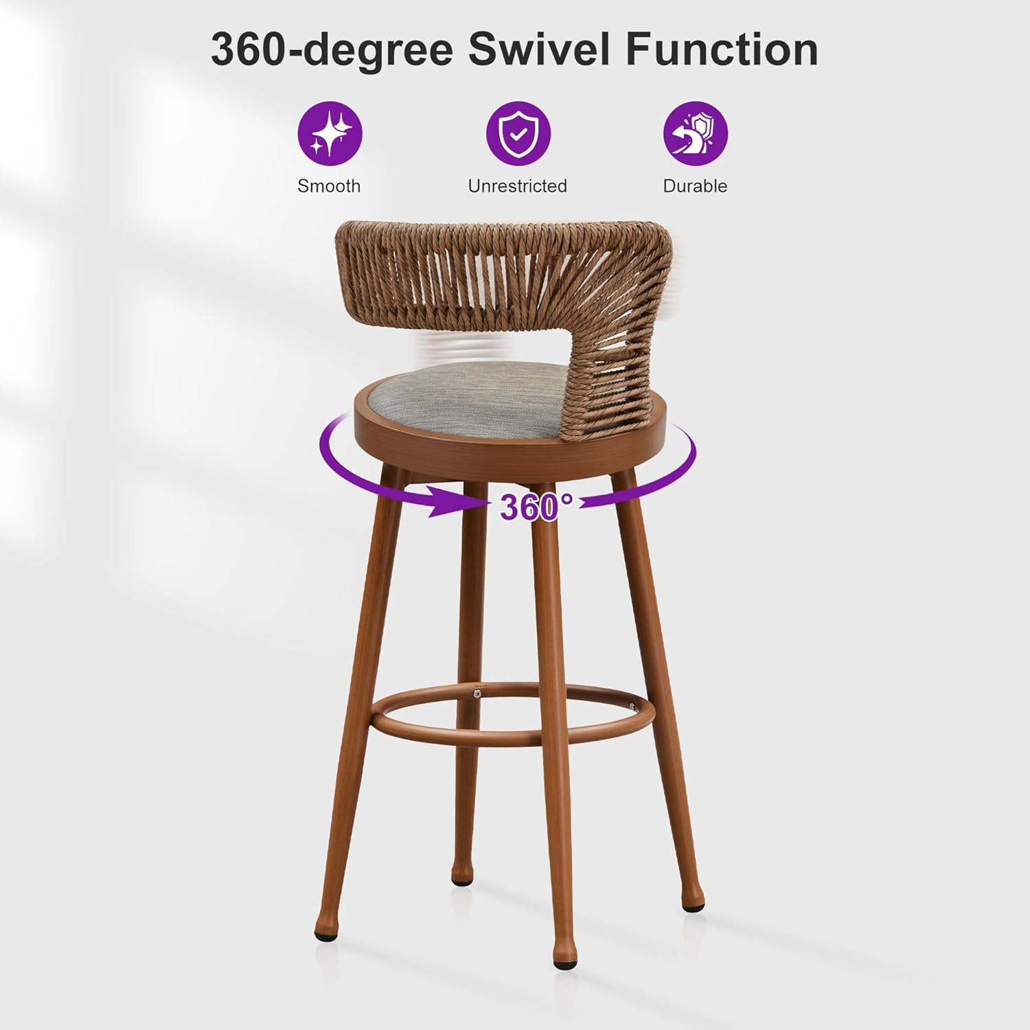 PURPLE LEAF Outdoor Swivel Counter Height Stools Set of 4 Metal Modern Rattan Bar Chairs with Backrest Aluminum Woven Barstools with Cushions for Kitchen Balcony Garden Indoor Teak