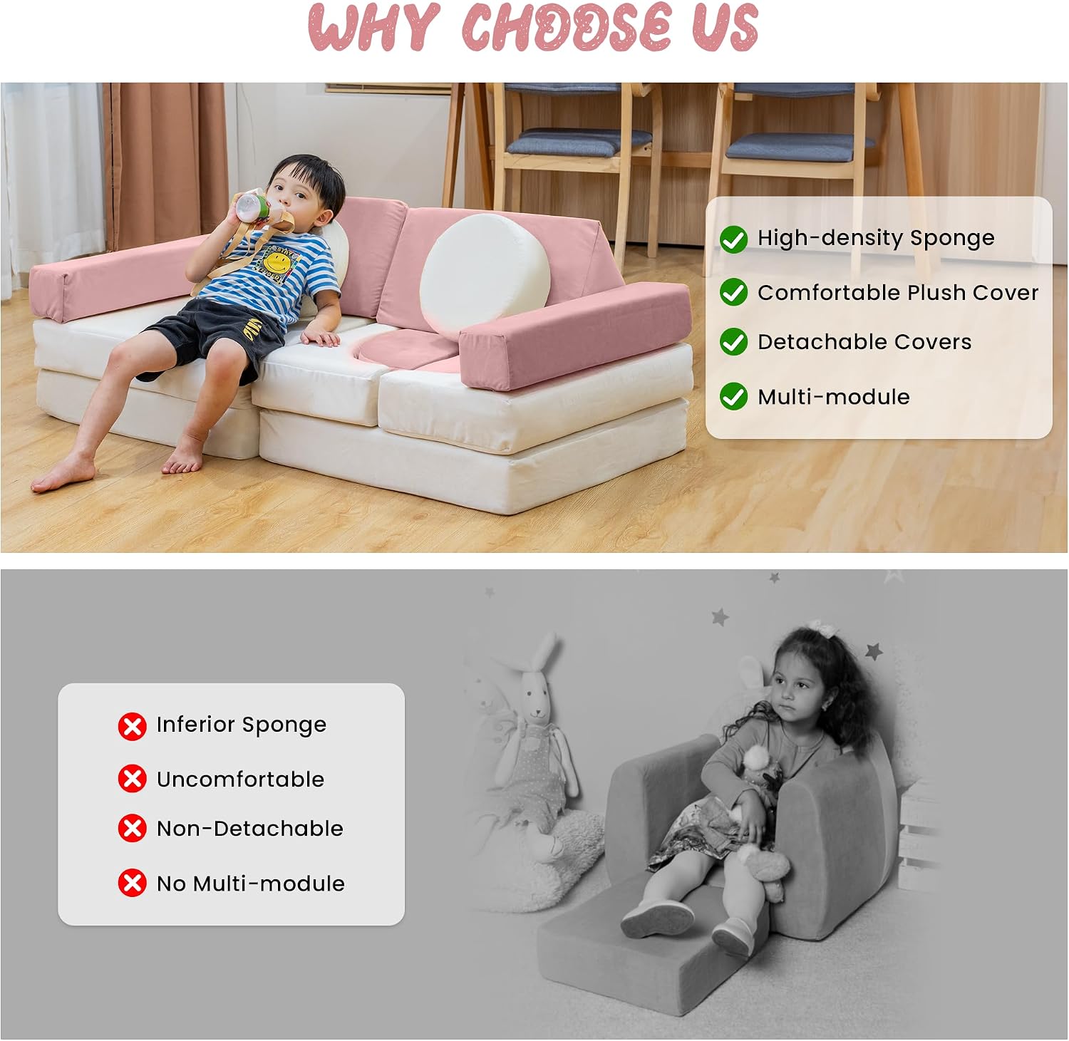 13PCS Modular Kids Play Couch with Washable Velvet Cover, Modular Couch for Boys and Girls, Convertible Foam and Floor Cushion for Nursery Playroom, Pink & Beige