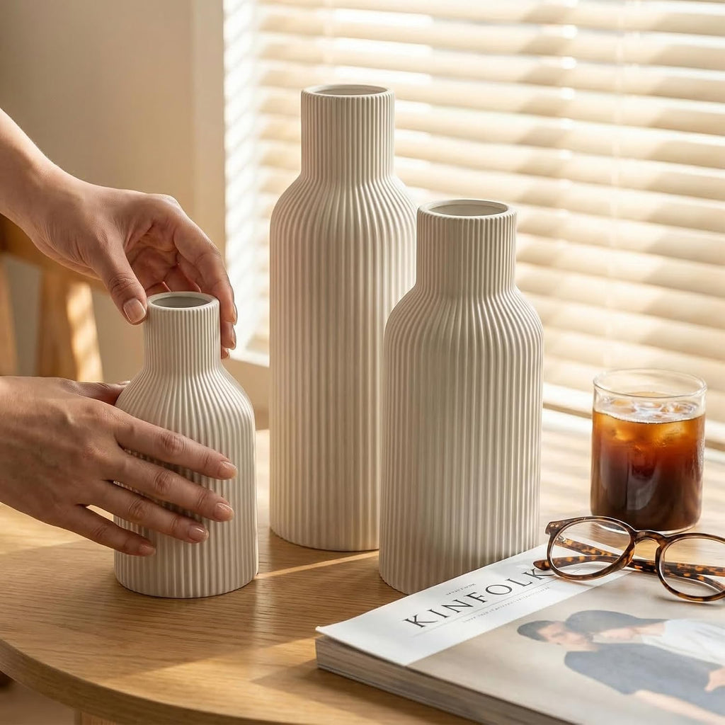 White Ceramic Flower Vases Set of 3, Modern Matte Vertical Ribbed, Nordic Minimalist Decor for Pampas, Dried & Fresh Flowers, Centerpiece for Living Room, Shelf, Entryway, Wedding,Office