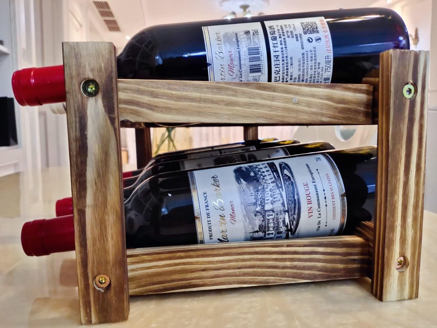 8-Bottle Wood Wine Rack - 2-Tier Countertop Wine Bottle Holder for Kitchen, Bar, Pantry, Dining Room | Small Freestanding Stackable Liquor Storage Organizer, Carbonized Pine