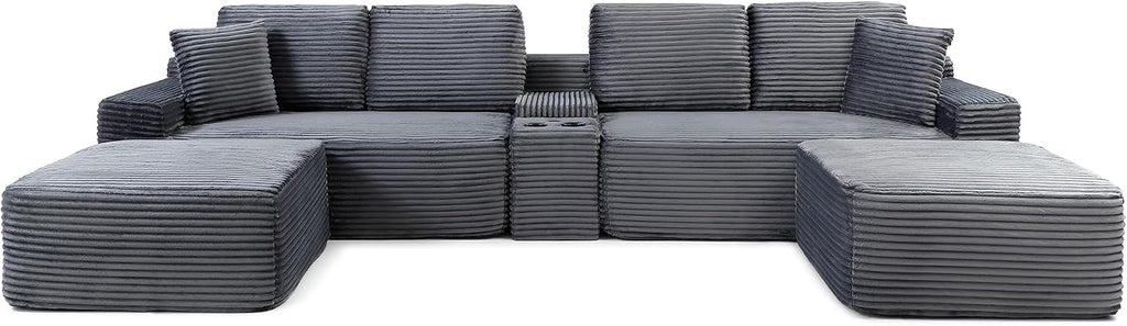 125" Oversized Sectional Couches for Living Room, Modern Boneless Cloud Couch with Ottoman,USB Port&Cup Holders, Comfy Corduroy Modular Sectional U Shape Sofa Couch for Apartment, Grey Couch in a Box