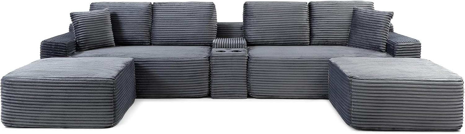 125" Oversized Sectional Couches for Living Room, Modern Boneless Cloud Couch with Ottoman,USB Port&Cup Holders, Comfy Corduroy Modular Sectional U Shape Sofa Couch for Apartment, Grey Couch in a Box