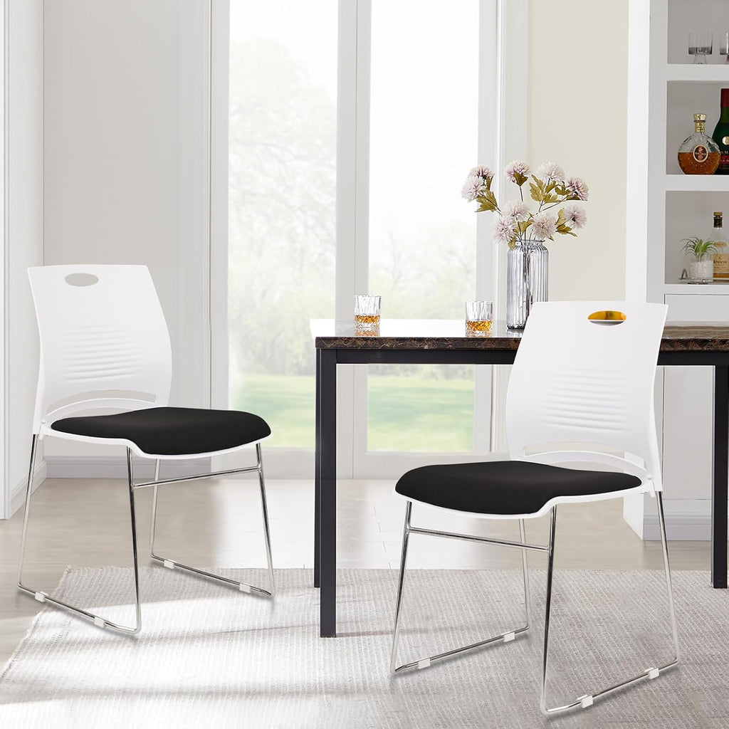 CLATINA Stacking Home Office Guest Chair, Reception Stackable Chairs with Metal Sled Base, Conference Lobby Waiting Training School Kitchen Banquet Chair, Plastic Desk Chairs No Wheels, White, 8 Pack