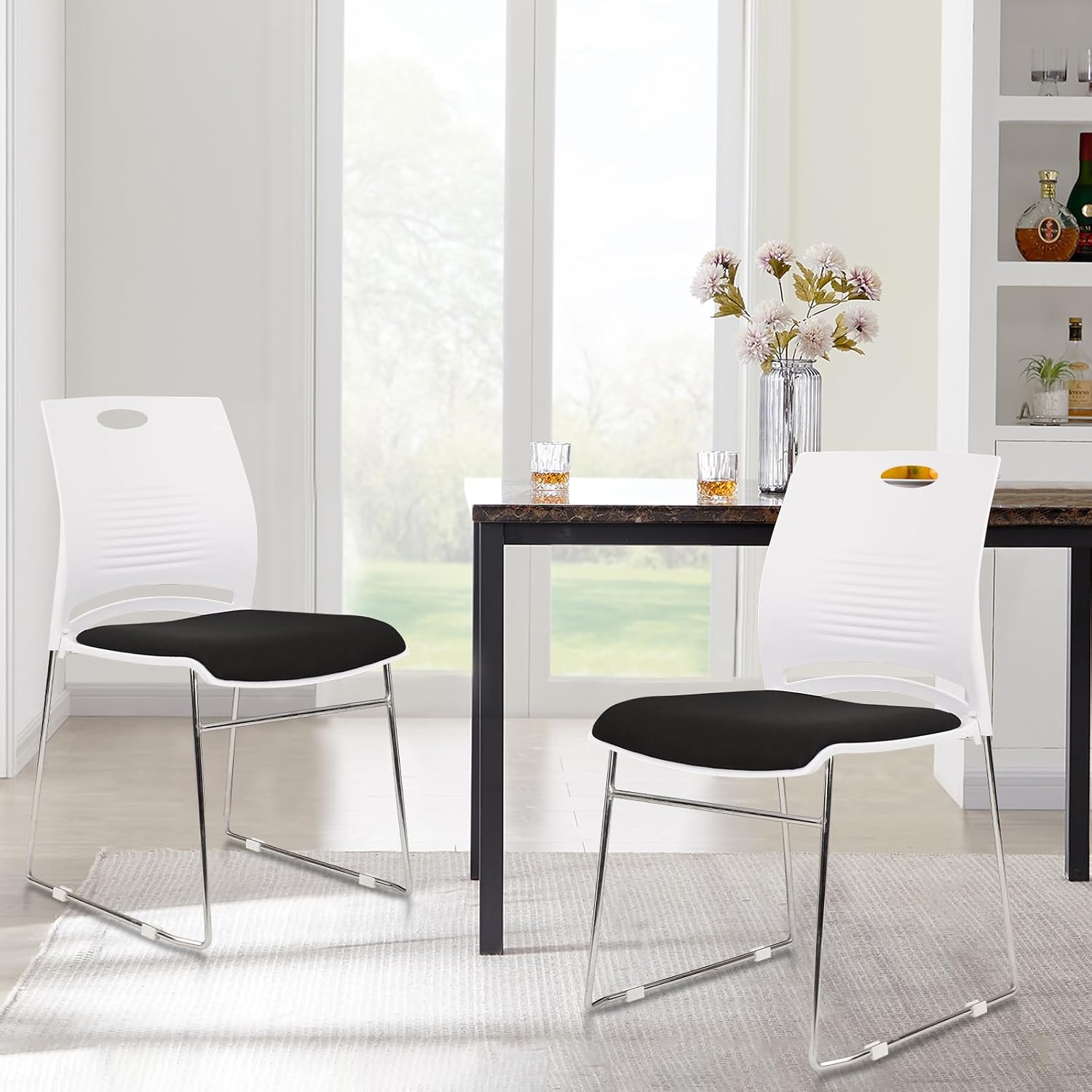 CLATINA Stacking Home Office Guest Chair, Reception Stackable Chairs with Metal Sled Base, Conference Lobby Waiting Training School Kitchen Banquet Chair, Plastic Desk Chairs No Wheels, White, 8 Pack