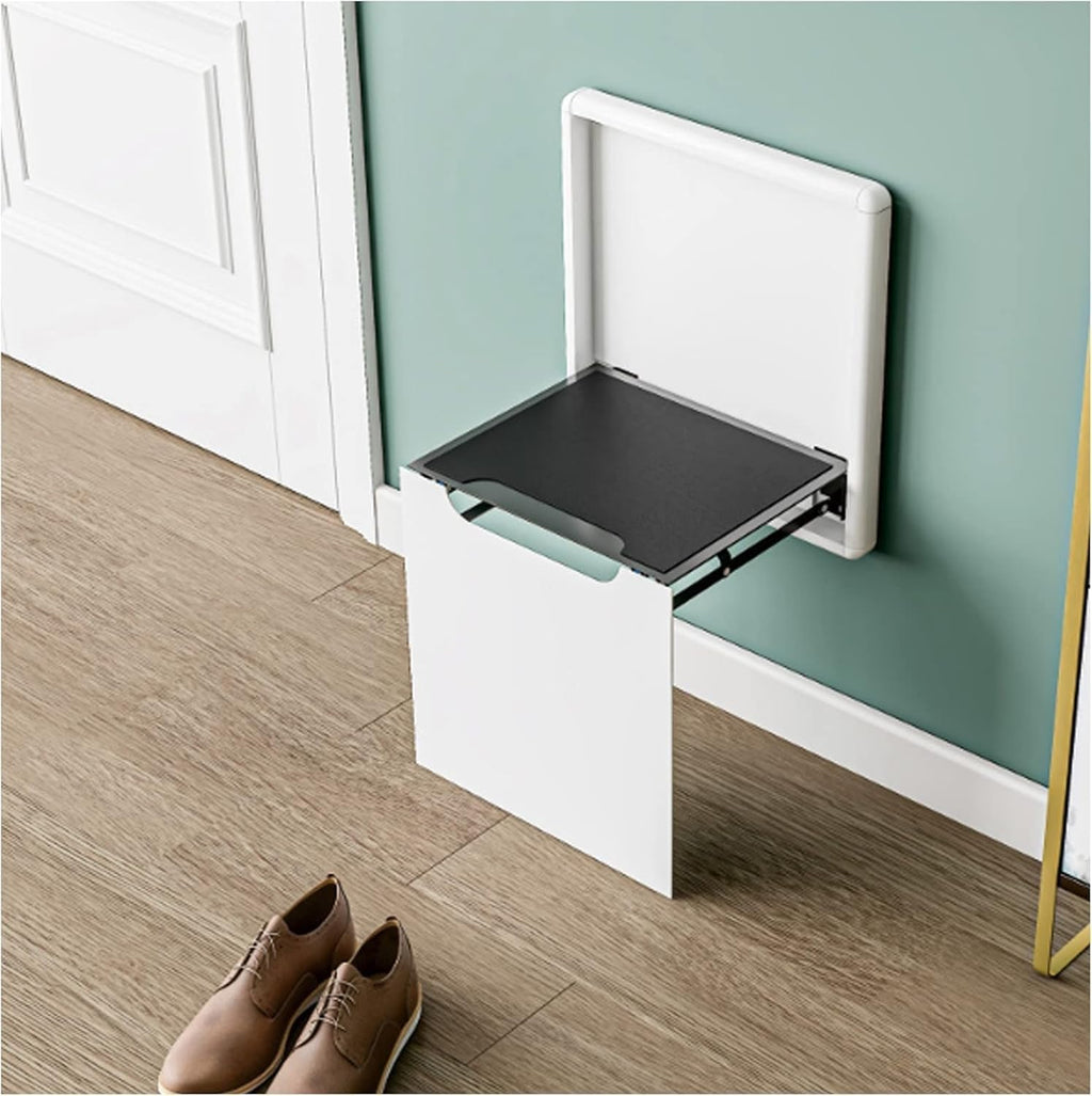 Wall Mounted Folding Chair Shoe Storage Bench Hidden Wall Mounted Porch Stool Footrest Space Saving(White)
