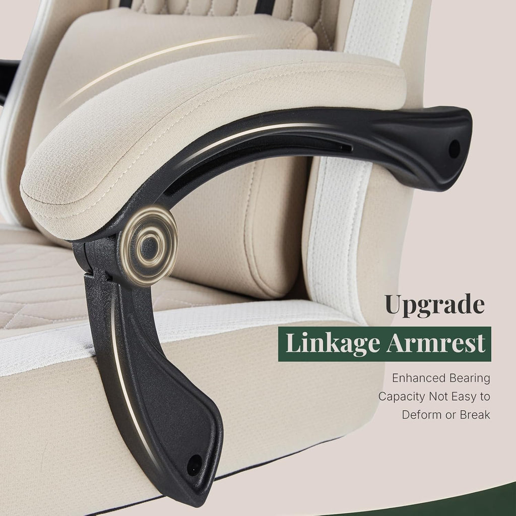 Computer Gaming Chair - High Back Ergonomic Desk Chair with Footrest and Lumbar Support, Height Adjustable Task Chair with Linkage Armrests and Headrest, 360° Swivel Wheels, Khaki