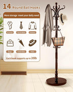 Wooden Coat Rack Freestanding, Solid Wood Coat Rack Stand with 14 Hooks, Vintage Heavy Duty Standing Coat, Sturdy Jacket Hanger Tree Stand for Corner, Office, Entryway