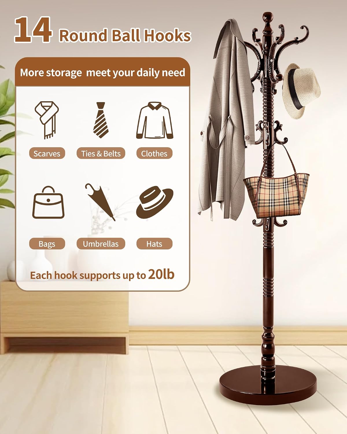 Wooden Coat Rack Freestanding, Solid Wood Coat Rack Stand with 14 Hooks, Vintage Heavy Duty Standing Coat, Sturdy Jacket Hanger Tree Stand for Corner, Office, Entryway
