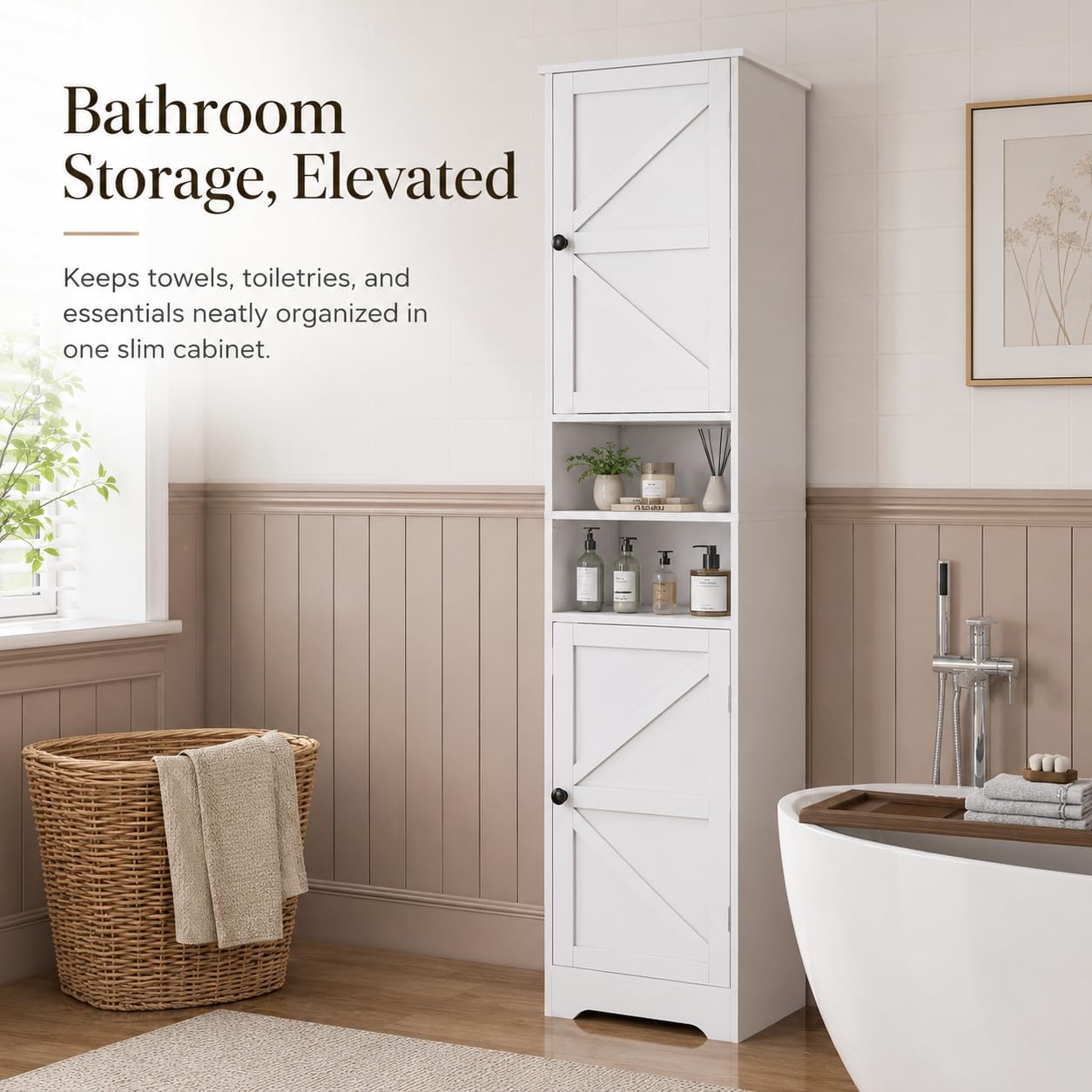 Viaozutis Tall Bathroom Storage Cabinet, Slim Freestanding Cabinet with Adjustable Shelves, Vertical Storage Organizer for Small Bathrooms, Toilet Paper & Daily Essentials Storage（White）