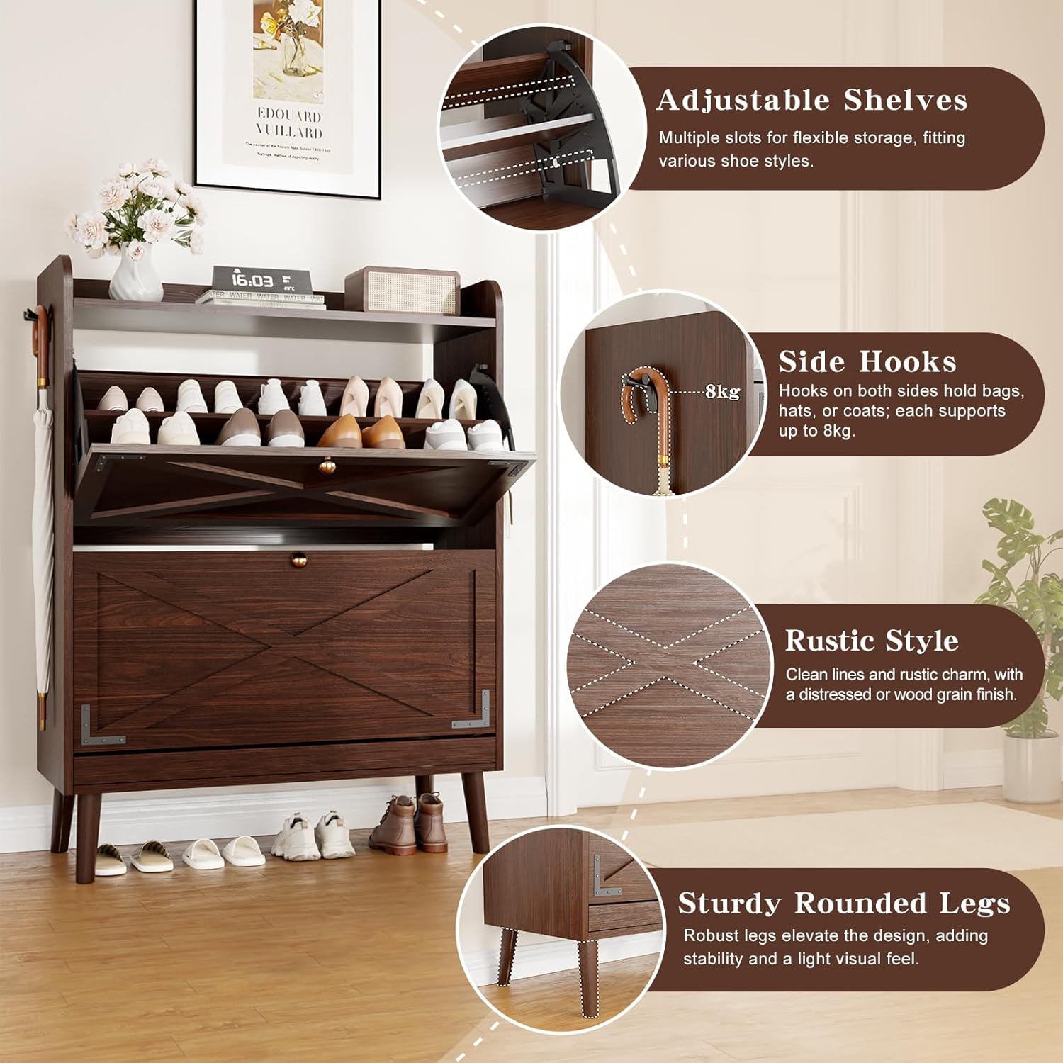Shoe Storage Cabinet with 2 Flip Drawers & Adjustable Shelves, Freestanding Shoe Cabinet with Side Hooks Narrow Shoe Rack Cabinet for Entryway, Hallway, Rustic Brown