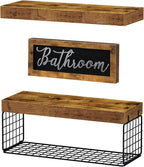 QEEIG ‎Bathroom Shelves Over Toilet - Paper Storage Wall Mounted Farmhouse Decor Decorations Aesthetic Décor Sign Small Floating Shelf 2+1 Set 16 inch, Rustic Brown (020BN)