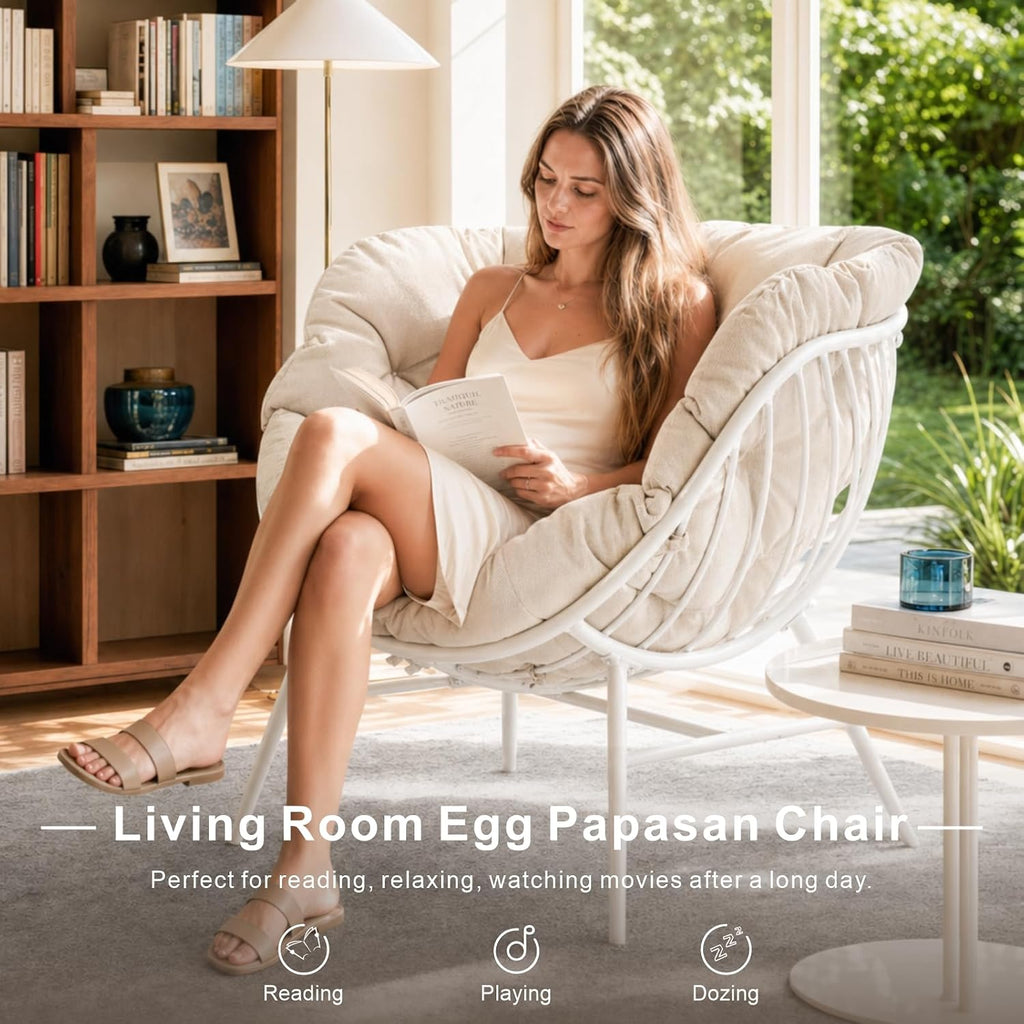 Outdoor Oversized Egg Chairs, Steel Frame Single Living Room Reading Chair with 350 LBS Heavy Duty, Patio Papasan Chair, Thick Cushion Egg Seat and Headrest for Bedroom , Indoor, Porch Garden