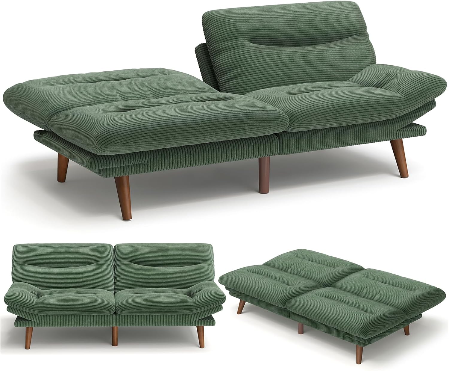 Amada 75" Convertible Futon Sofa Bed, Corduroy Folding Futon Set with Adjustable Backrest &Armrests, Recliner Lounge for Living Room, Apartment or Office, Solid Wood Frame, Loveseat Sofa -Forest Green