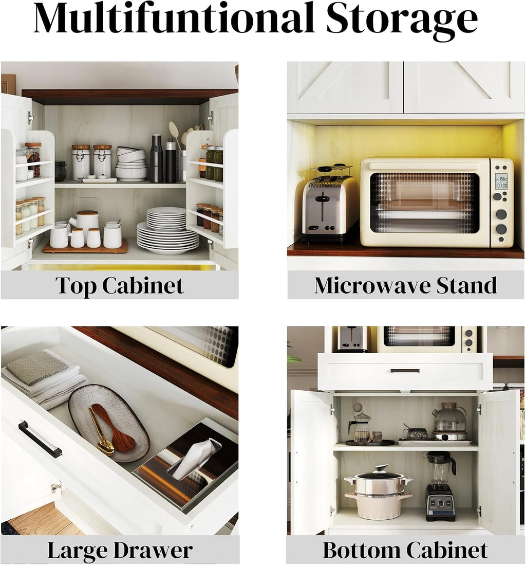 71" Kitchen Pantry Cabinet with Charging Station & LED Light,Freestanding Buffet Storage Cabinets with Adjustable Shelves,Farmhouse Kitchen Hutch with Microwave Stand for Dining Room (White+Brown)