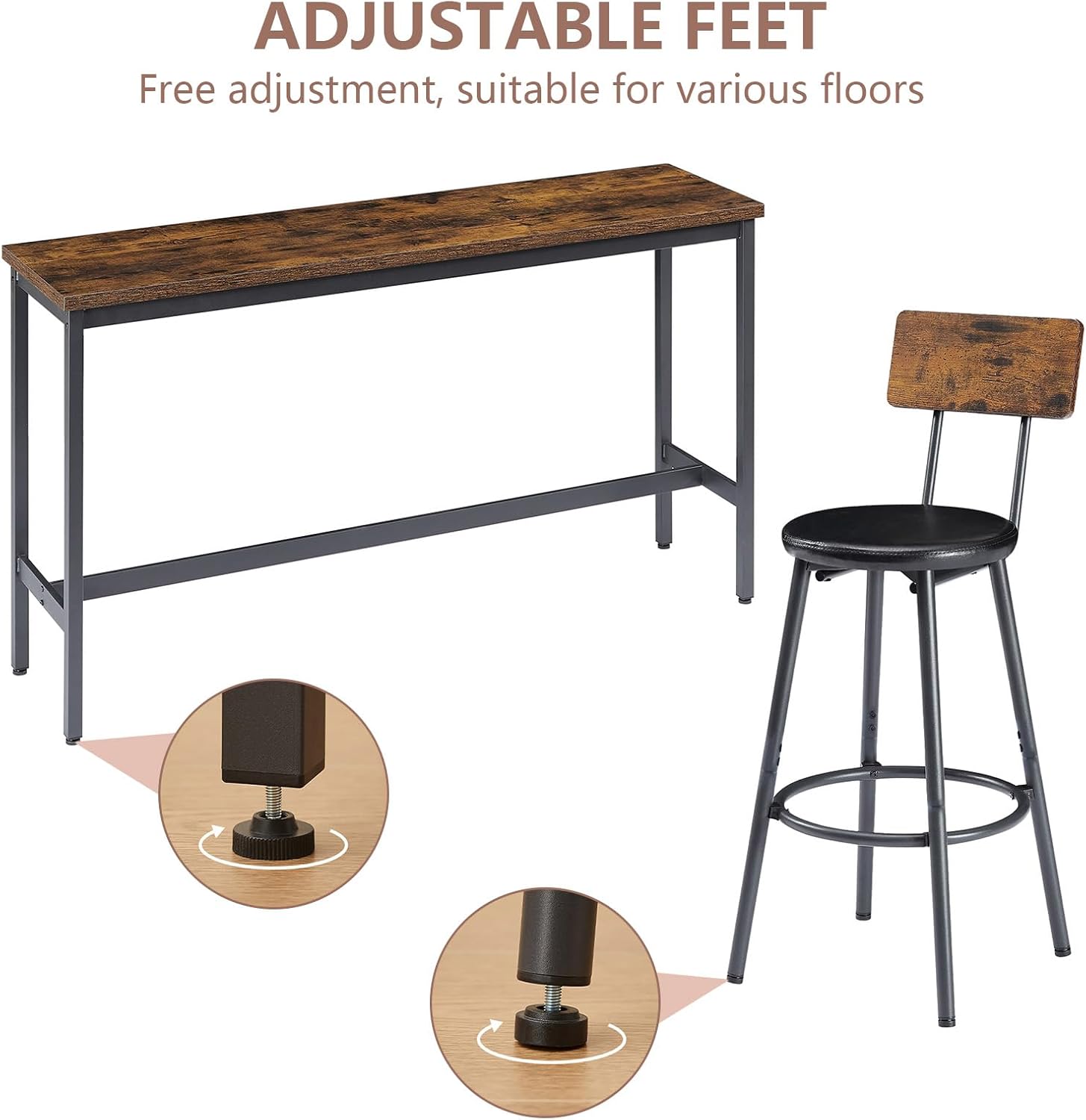 Bar Table and Chairs Set for 3, 63" L Rectangle Sofa Table with 3 PU Upholstered Stools, 4 Piece Industrial Counter Height Dining Table Set for Living Room Kitchen Restaurant, Brown