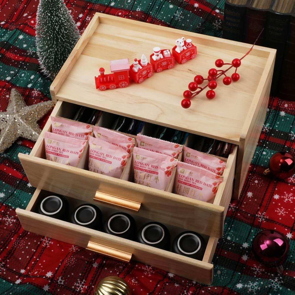 Tea Organizers with Drawer Wooden Tea Box | Teabag Holder with 4 Cotton Woven Coasters，Wooden Storage Box with Drawer