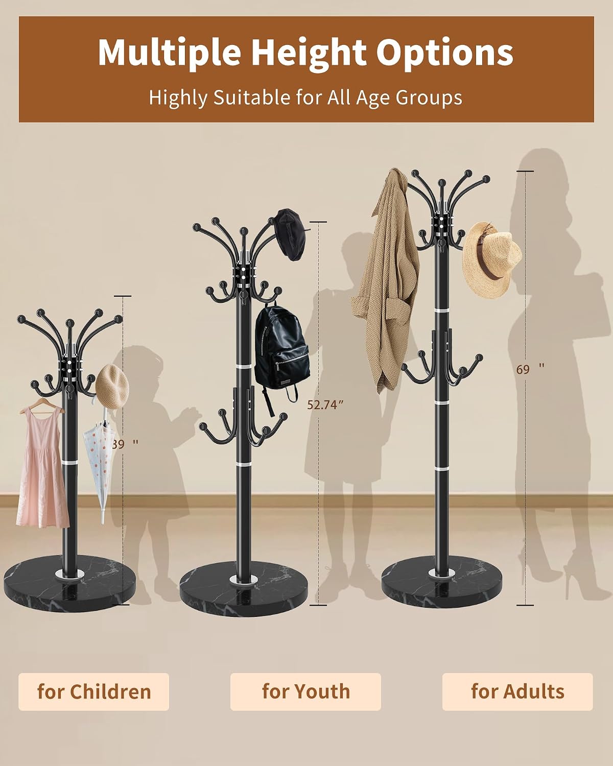 Metal Coat Rack with Natural Marble Base,360°Rotary Coat Rack Stand with 14 Hooks,Modern Freestanging Coat Racks, Black Coat Jacket Hanger Clothes Tree Stand for Entryway,Corner