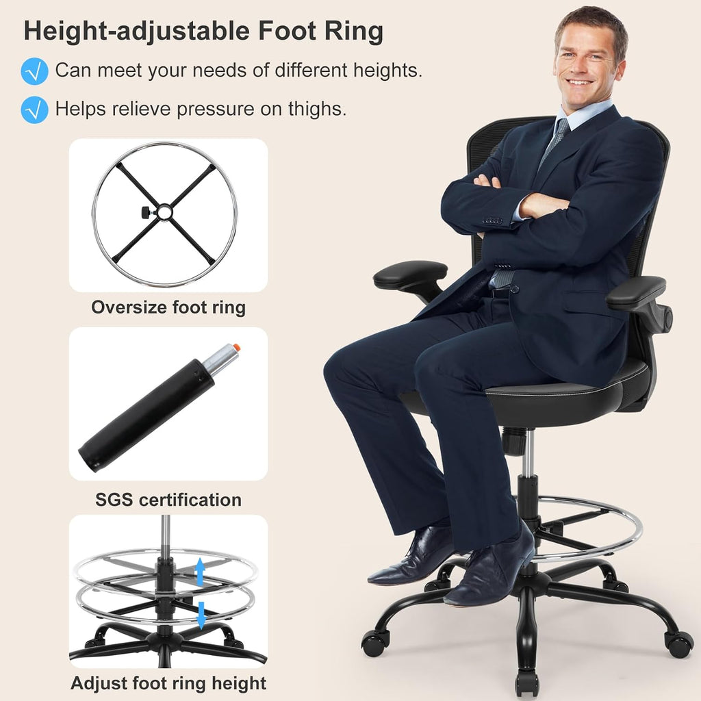 Drafting Chair Tall Office Chair with PU Leather Seat, 400lbs Ergonomic Standing Desk Chair with Lumbar Support,Counter Stool with Adjustable Footrest Ring & Flip-up Armrests,Black