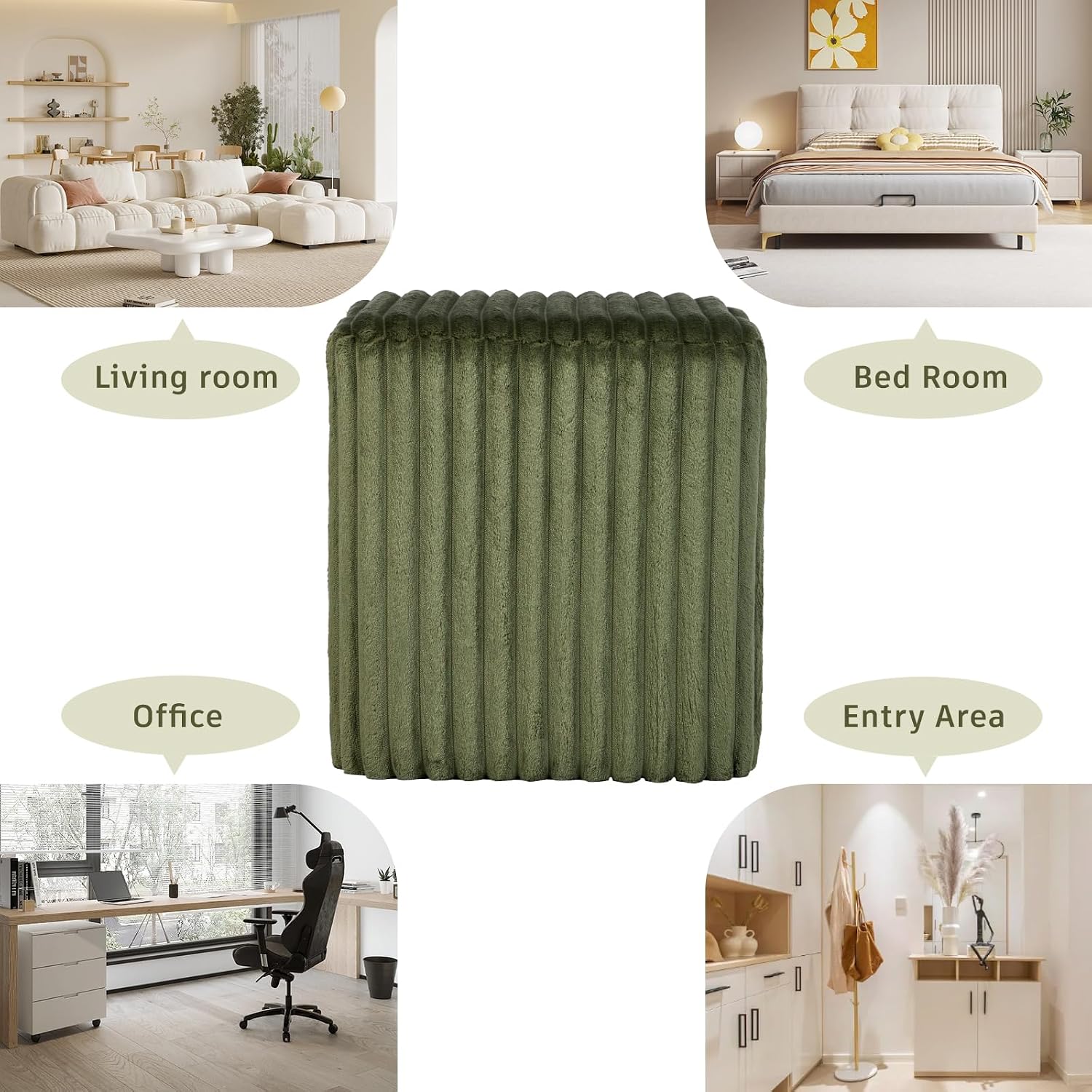 YDcosyfy Modern Square Ottoman, Vertical Channel Tufted Foot Stool Ottoman, Velvet Upholstered Vanity Stool for Makeup, Bedroom, Living Room, Dark Green
