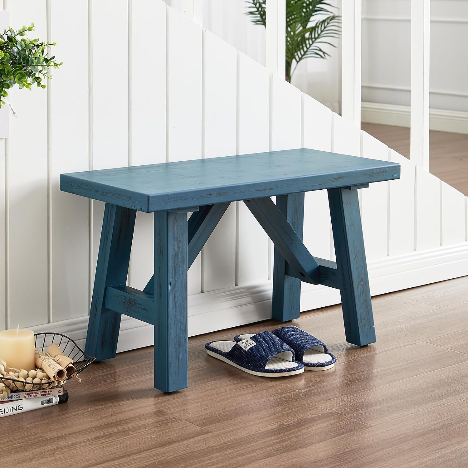 30" Farmhouse Entryway Bench, Rustic Solid Wood Dining Room Bench Small Entryway/Hallway Bench for Indoors Entry Way Seating for Living Room, Hallway, Porch, Easy Assembly, Blue
