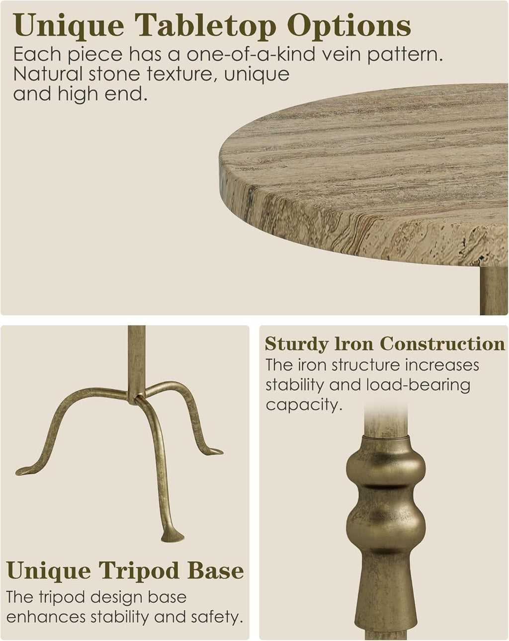 Adjustable Height Round Pedestal Table - 22-30 Inch, Modern Martini Cocktail End Table with Natural Travertine Top & Antique Brass Base for Small Spaces Living Room, Bedroom (Noche Travertine)