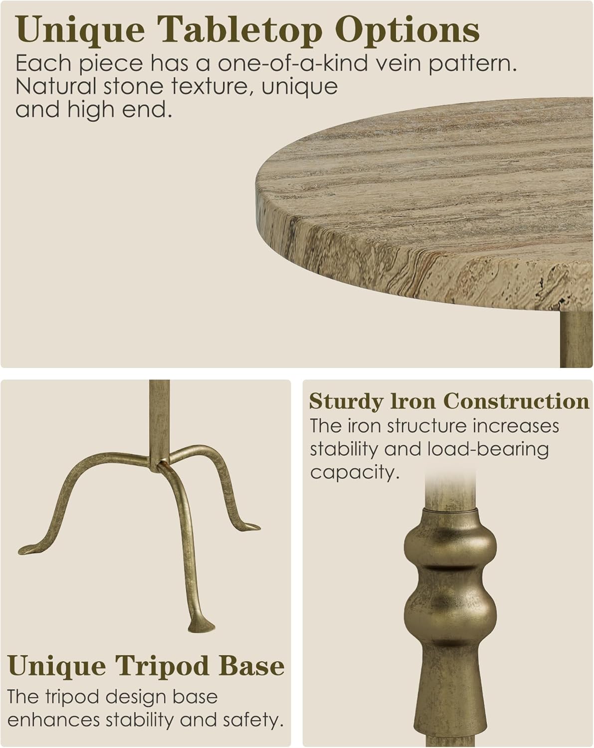 Adjustable Height Round Pedestal Table - 22-30 Inch, Modern Martini Cocktail End Table with Natural Travertine Top & Antique Brass Base for Small Spaces Living Room, Bedroom (Noche Travertine)