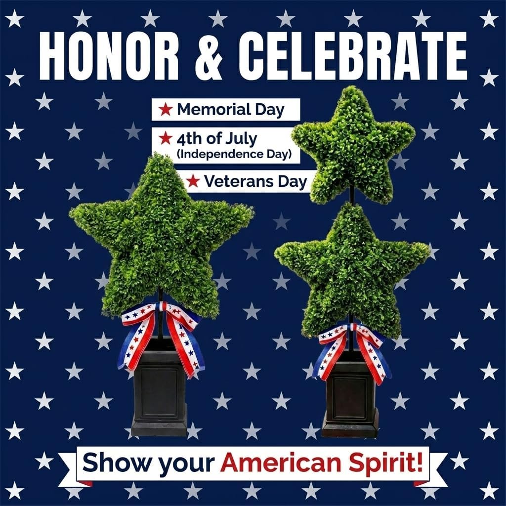 Patriotic Star Topiary Tree, Artificial Boxwood, 4th of July Memorial Day Indoor Outdoor Centerpiece Decor (Large)