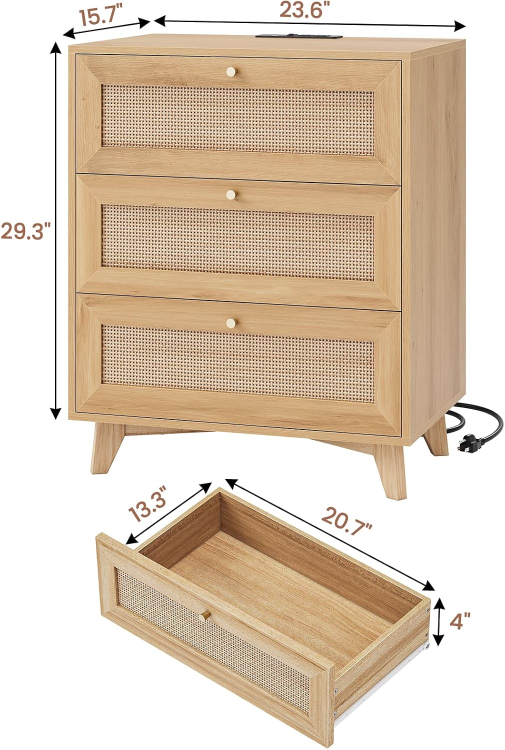 VIAGDO Rattan Nightstand Set of 2 with Charging Station, Natural Rattan Night Stand with 3 Large Wicker Decorated Drawers, Boho Bedside Table, End Side Table, 3 Drawer Dresser for Bedroom